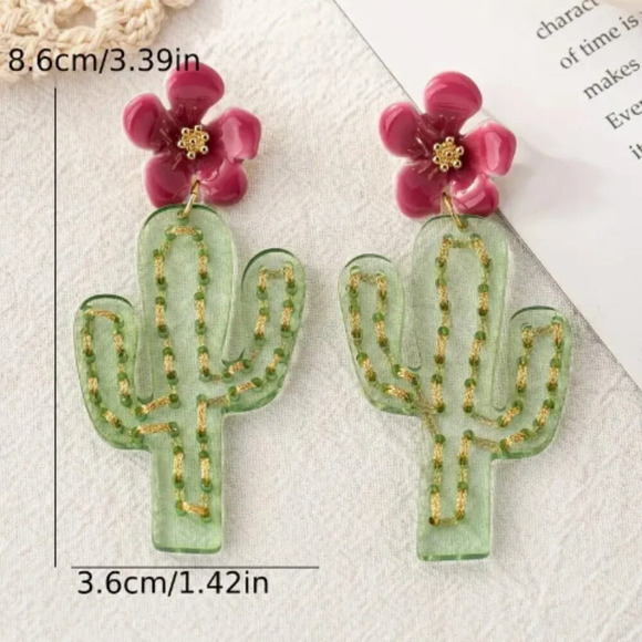Pink Flower with Cactus Drop Earring - Bold Statement  Earrings - NEW - Picture 2 of 3
